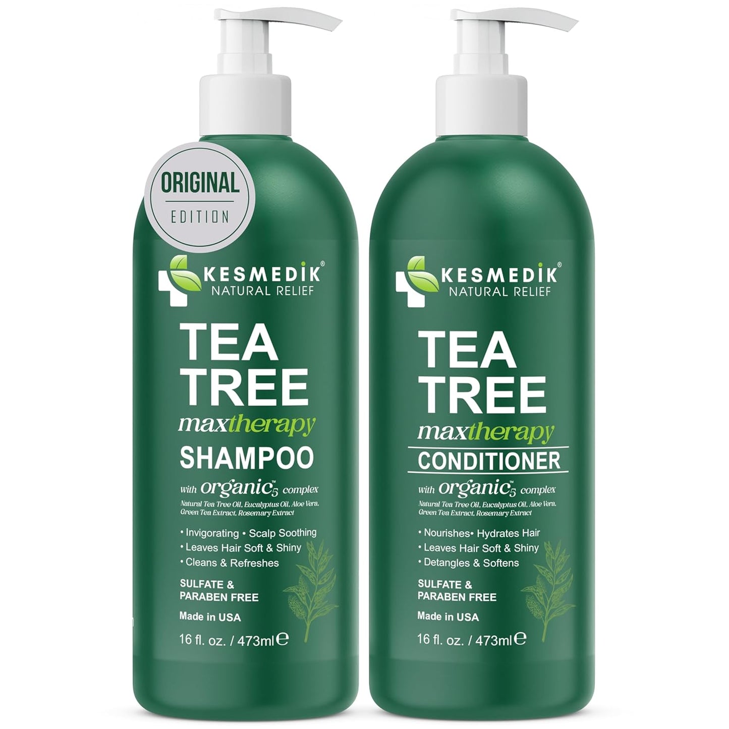 KESMEDIK Tea Tree Oil Shampoo and Conditioner MaxTherapy Set, Itchy Scalp Relief, Refreshes & Cleanses Dandruff & Buildup, Clarifying for Oily Hair, Women & Men, 16 fl oz Each