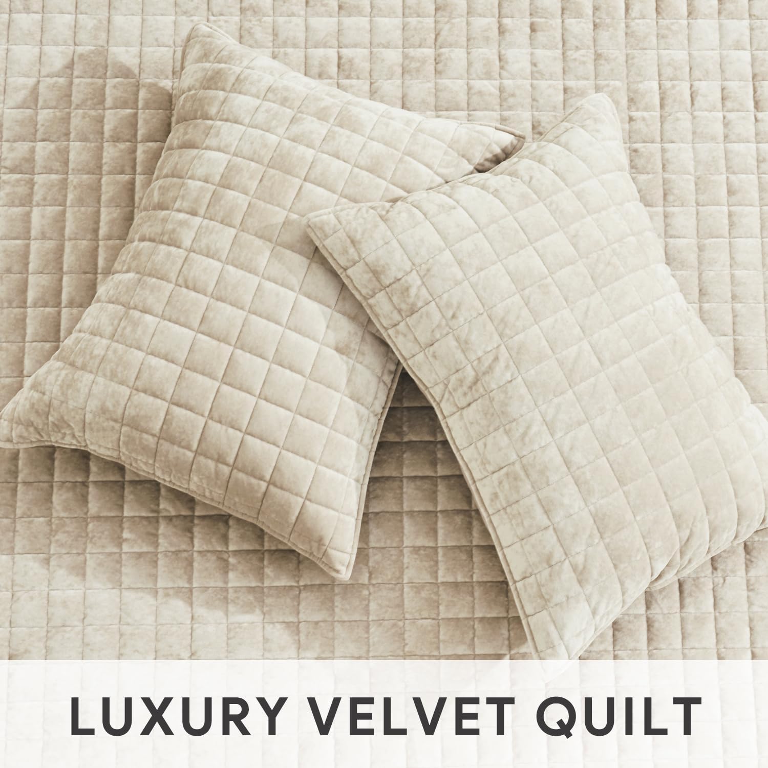 RECYCO Luxury Velvet Quilt Set King Size Bedding Sets, Ultra Soft Velvet Comforter Set, Lightweight Channel Box Stitch Oversized Bedspread Coverlet for All Season, with 2 Shams, Beige