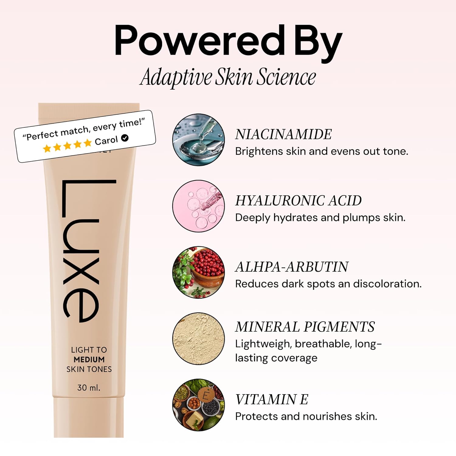 Luxe Color Changing Foundation – Instantly Adapts to Your Skin Tone – Buildable Light-to-Medium Coverage – 12-Hour Wear – Natural Dewy Finish
