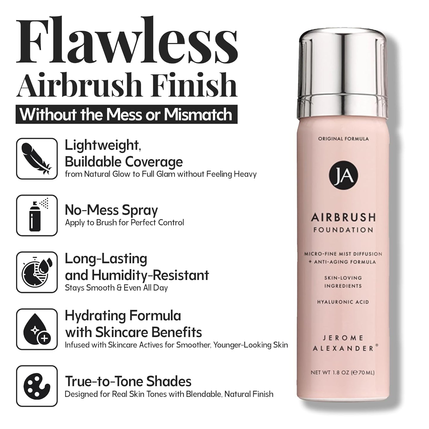 Jerome Alexander MagicMinerals AirBrush Foundation – 2 Piece Set with Airbrush Foundation and Kabuki Brush - Spray Makeup with Anti-aging Ingredients for Smooth Radiant Skin - Light Medium