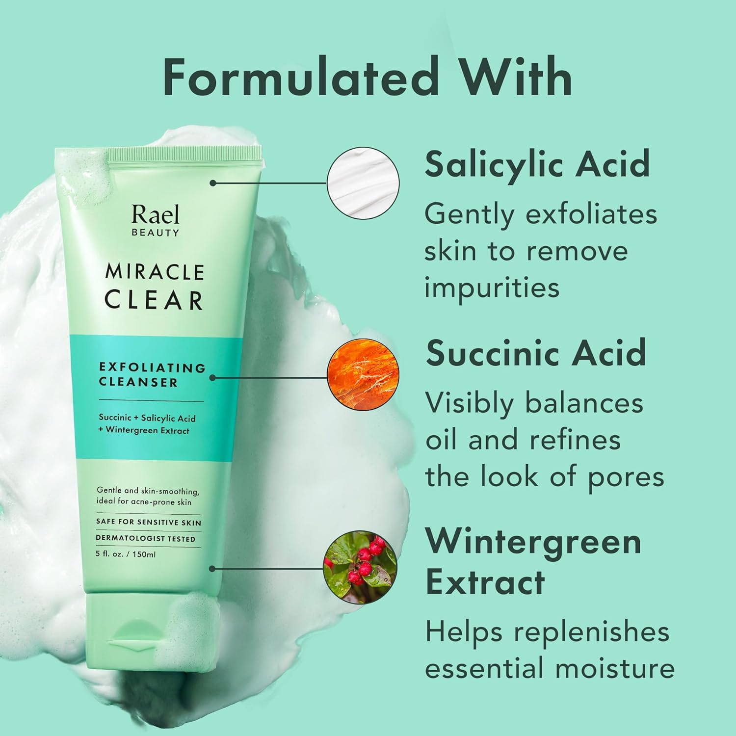 Rael Miracle Clear Facial Cleanser – Makeup Remover, Daily Face Wash, Gentle Deep Pore Cleansing Korean Skin Care for Oily & Combination Skin (Exfoliating Cleanser, 5.1 fl. oz)