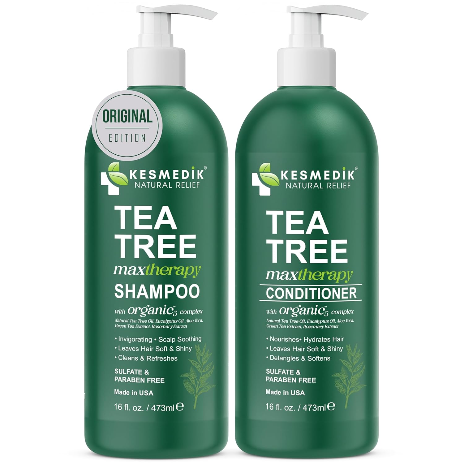 KESMEDIK Tea Tree Oil Shampoo and Conditioner MaxTherapy Set, Itchy Scalp Relief, Refreshes & Cleanses Dandruff & Buildup, Clarifying for Oily Hair, Women & Men, 16 fl oz Each